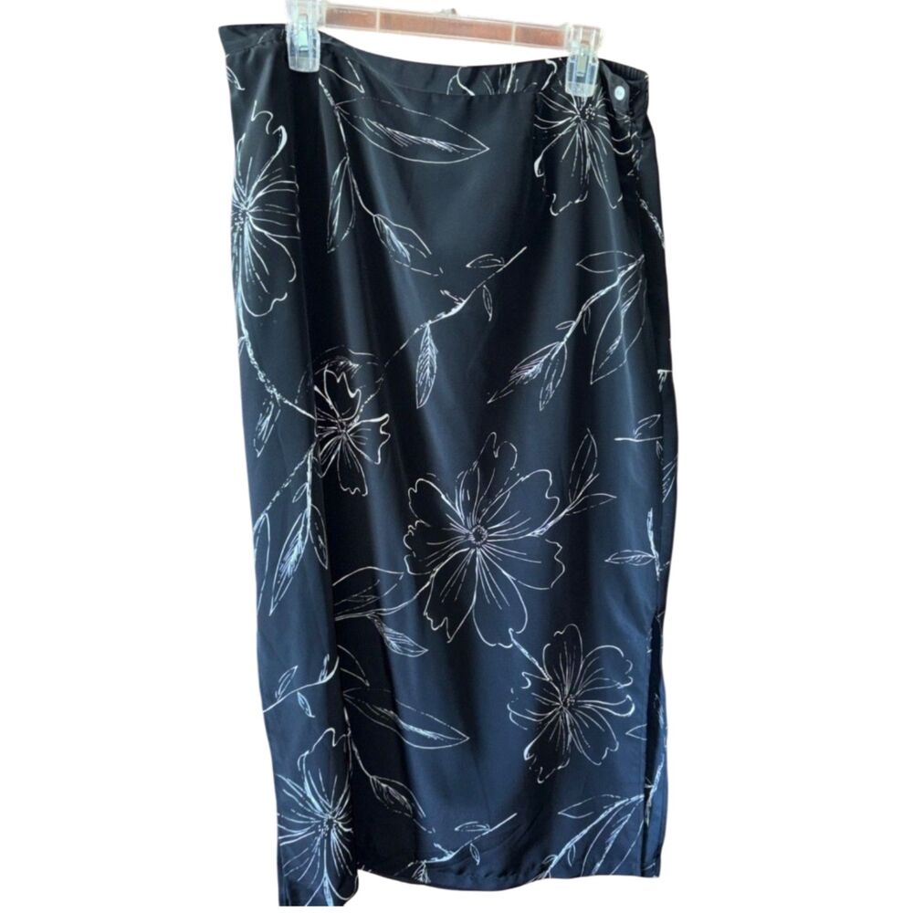 Notations Women’s Black White Floral Maxi Skirt Side Slit XL